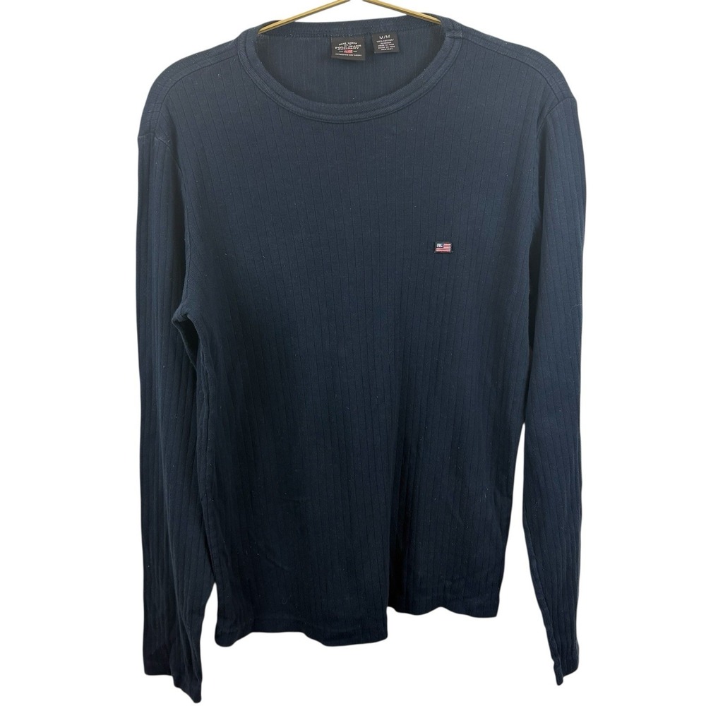 Vintage Y2K Polo Ralph‎ Lauren Cotton Basic Blue Ribbed Long Sleeve Shirt Sz M